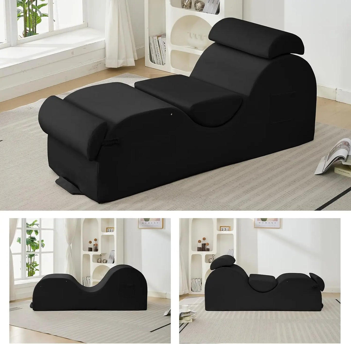 Sleek Chaise Lounge Chair for Exercise/Yoga, Indoor Lounger with Headrest, Waist Cushion, Movable Footrest, Side Pockets, Non-Sl