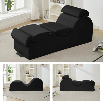 Sleek Chaise Lounge Chair for Exercise/Yoga, Indoor Lounger with Headrest, Waist Cushion, Movable Footrest, Side Pockets, Non-Sl