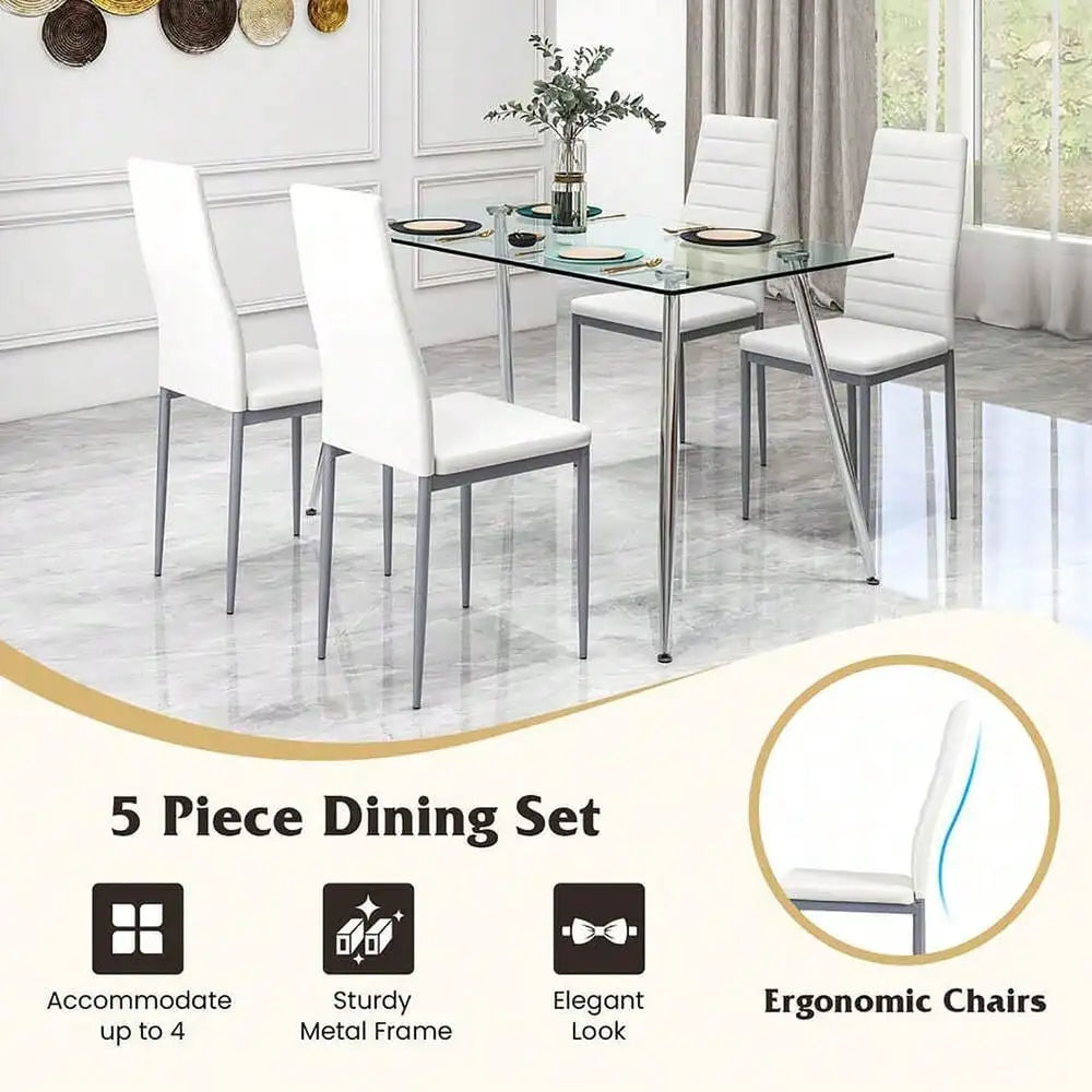 5 PCS 51'' Rectangle Dining Set 0.3'' Thick Glass Table w/ 4 Padded Dining