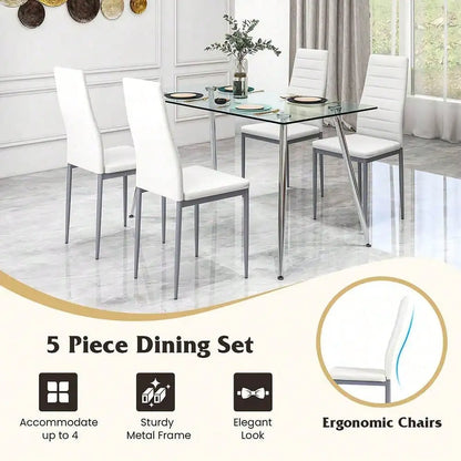 5 PCS 51'' Rectangle Dining Set 0.3'' Thick Glass Table w/ 4 Padded Dining