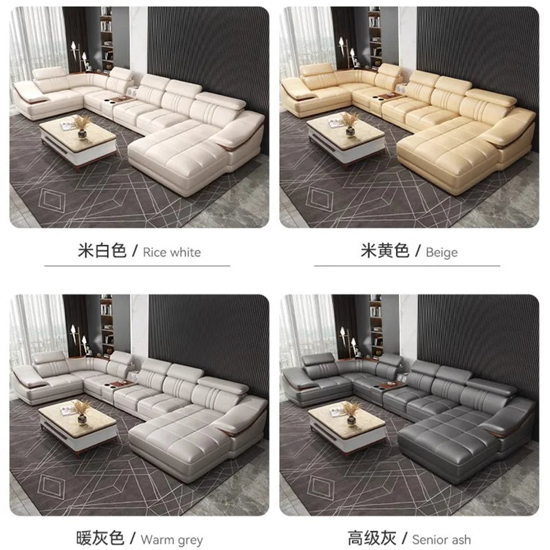Simple modern leather sofa first layer cowhide living room large corner full set of light luxury leather sofa combination