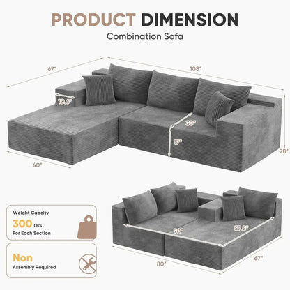 108" Modular Sectional Sofa, Boneless Couch with L-Shape Chaise, Cloud Couch with Deep Seat Upholstered, No Assembly