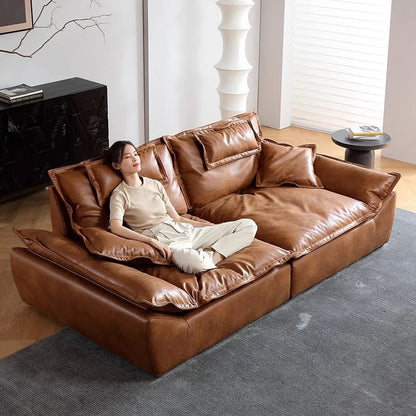 Sailing sofa retro oil wax leather super wide sitting depth adjustable backrest antique living room straight row sofa