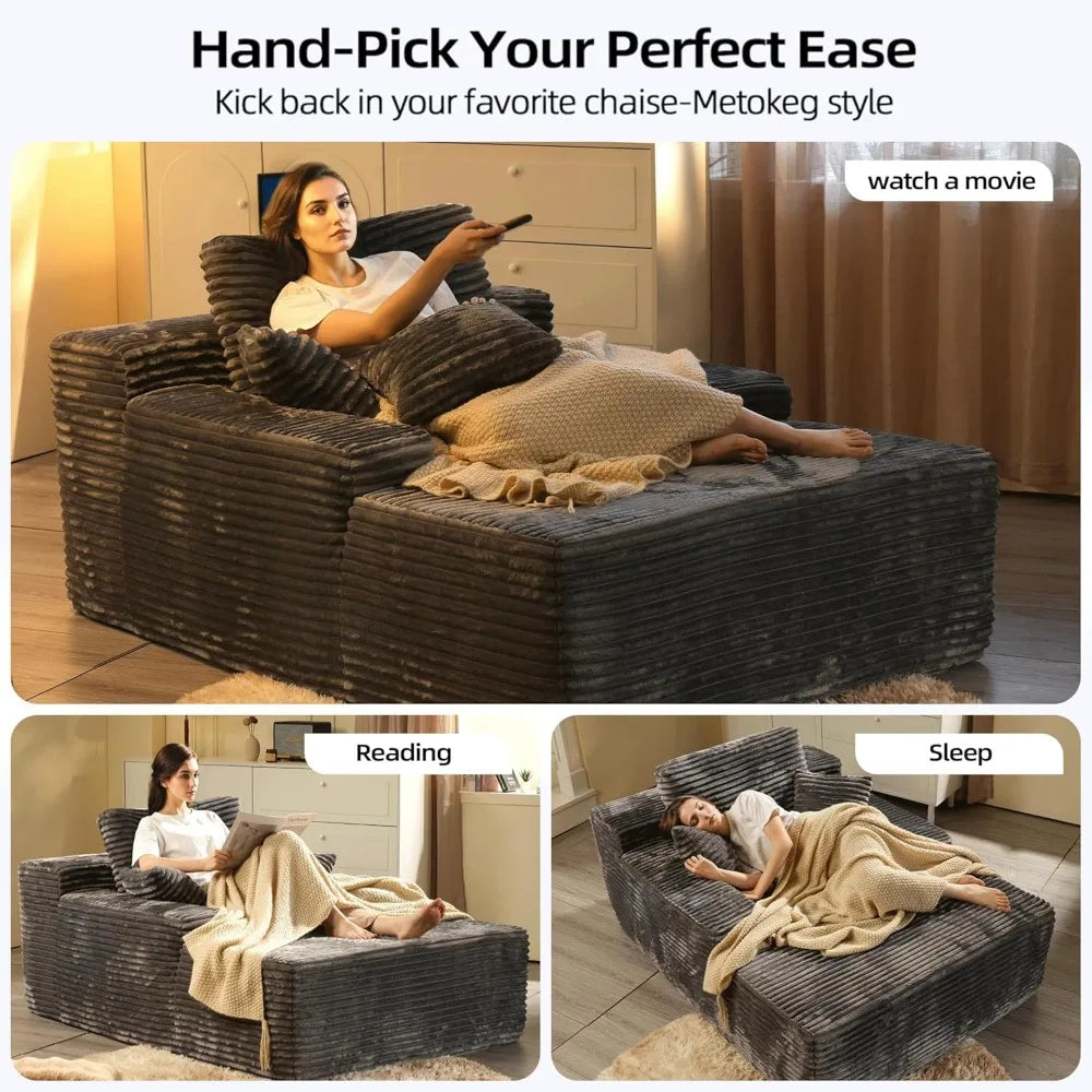 68'' chaise lounge chair indoor, gray corduroy boneless couch,reading cloud couches for bedroom living room fluffy oversized sof