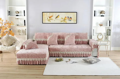 Embroidery Lace Sofa Cushion Gold Velvet Hemline Sofa Cover Autumn Winter European Couch Cover Solid Color Checkered Sofa Mat