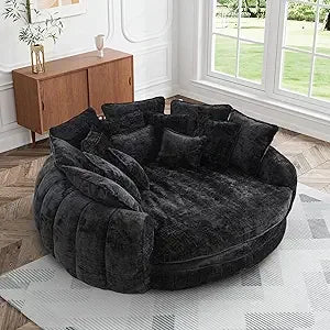 Oversized Round Chaise Lounge, Plush Lazy Bean Bag Sofa with 14 Pillows, Comfortable Chenille Upholstered Barrel Sleeper Bed