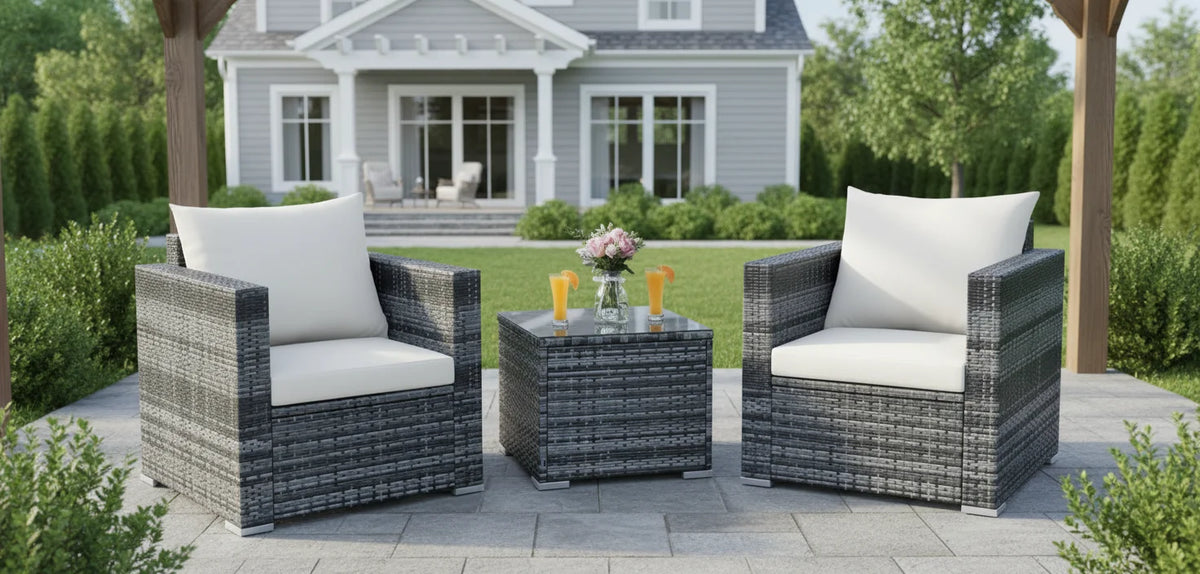 3-Piece Patio Furniture Set with PE Rattan, Washable Cushions, and Tempered Glass Table for Outdoor Garden Poolside
