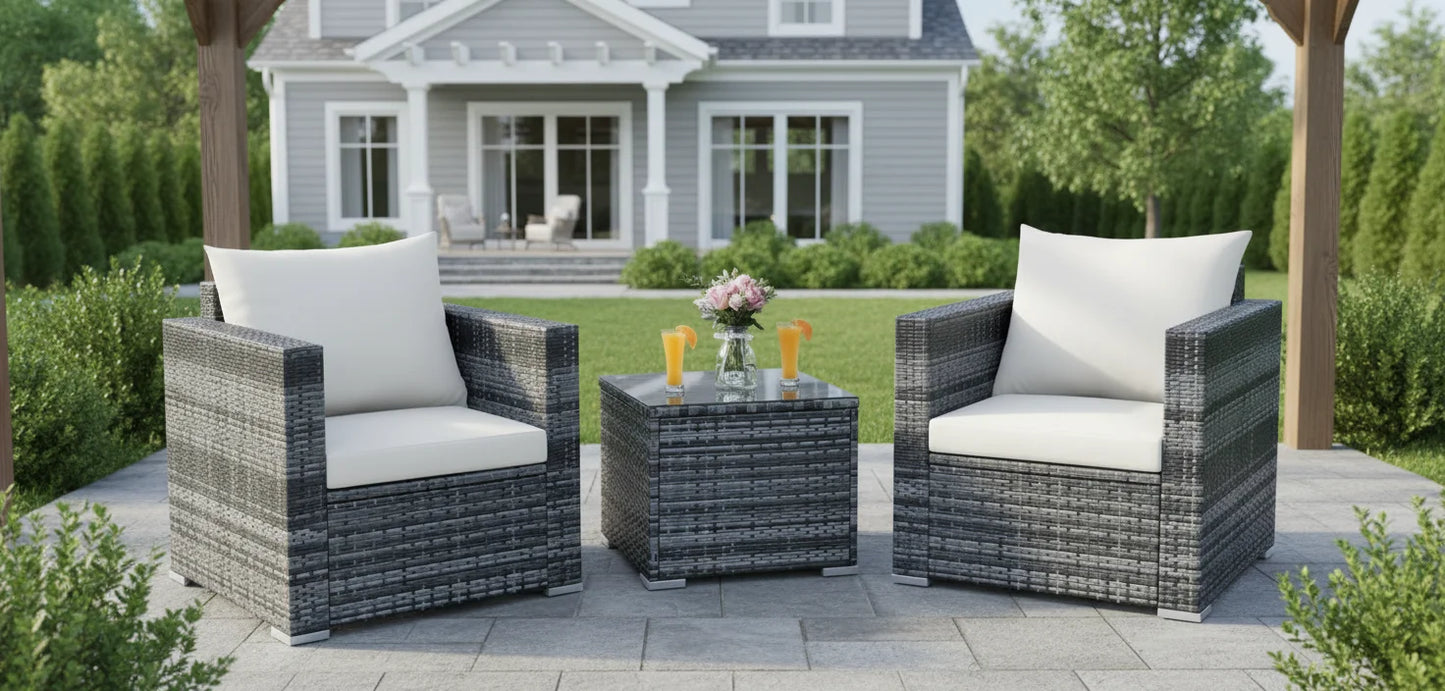3-Piece Patio Furniture Set with PE Rattan, Washable Cushions, and Tempered Glass Table for Outdoor Garden Poolside