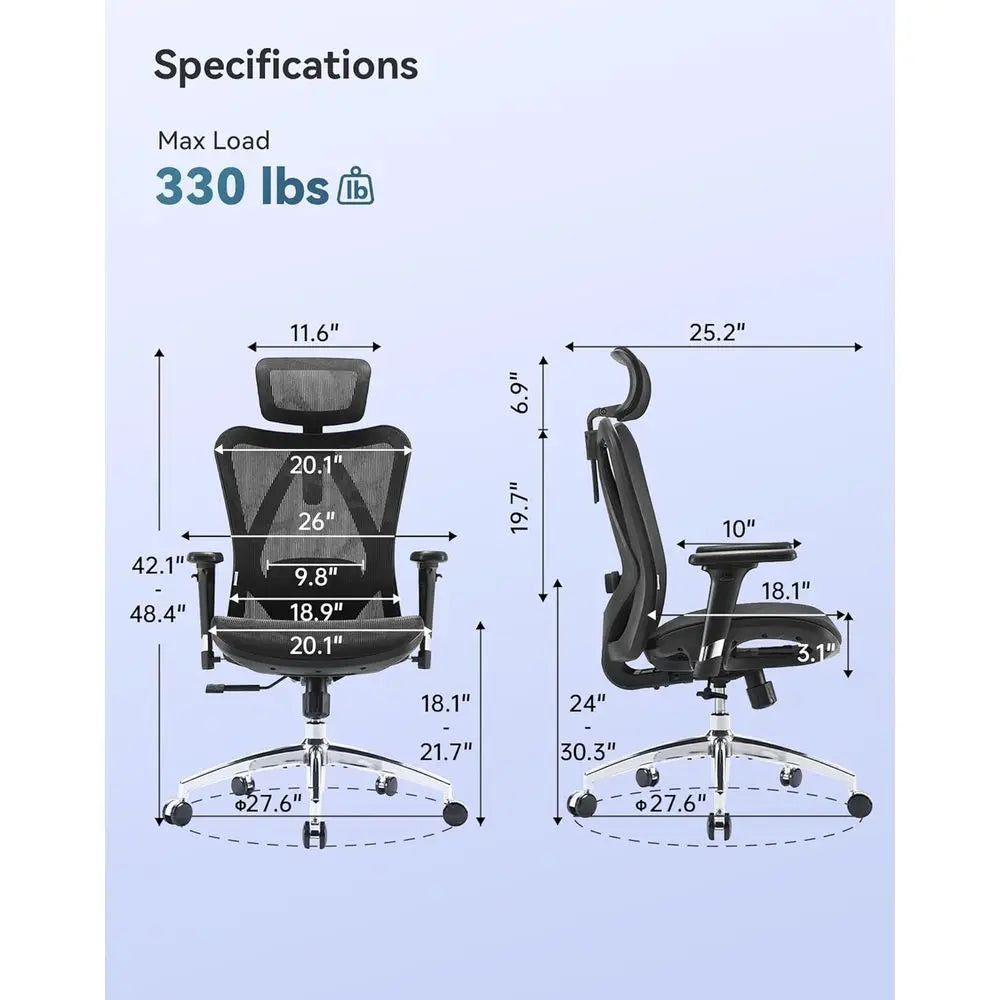Ergonomic High-Back Mesh Office Chair with 3D Armrests, Lumbar Support, Adjustable Seat, Comfortable for Big & Tall, Supports Up