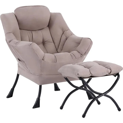 Reading Lounge Chair Set, Lazy Chair with Ottoman & Pocket, Khaki Upholstered