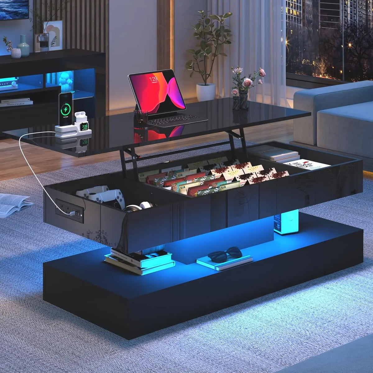 47.2' Lift Top Coffee Table, Modern LED Storage Table, Black for Living Room, Dining Room, Bedroom, Home Office