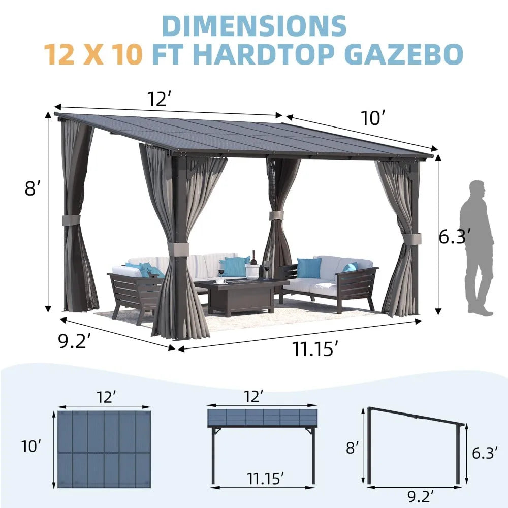 12ft X 10ft Wall-mounted Gazebo with Curtains and Mosquito Net; 10ft X 12ft Hardtop Gazebo; Customizable