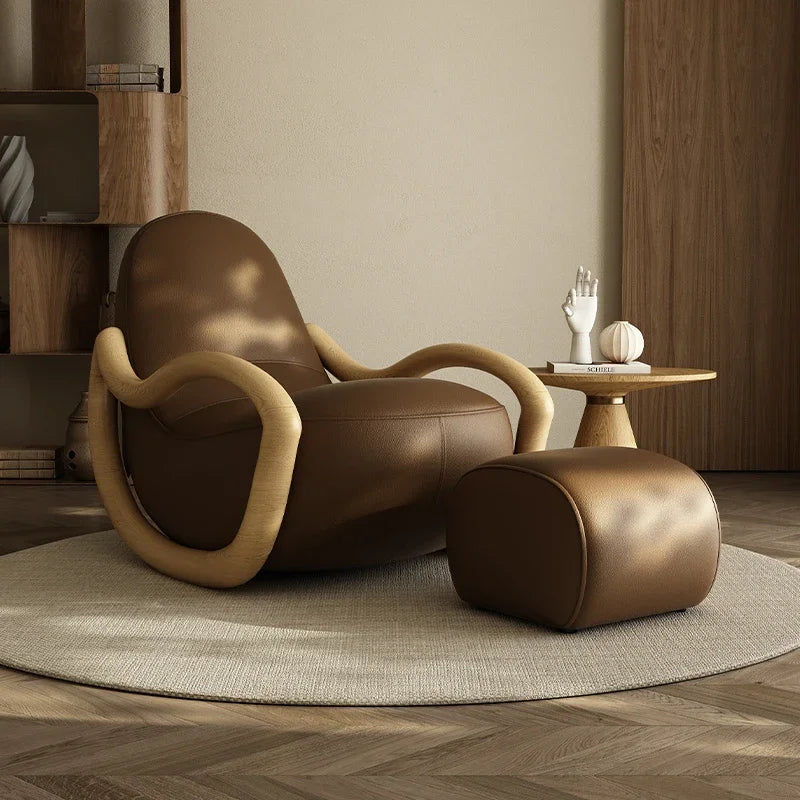 Household balcony leisure chair sofa solid wood rocking chair Chinese lazy sofa recliner environmentally friendly leather