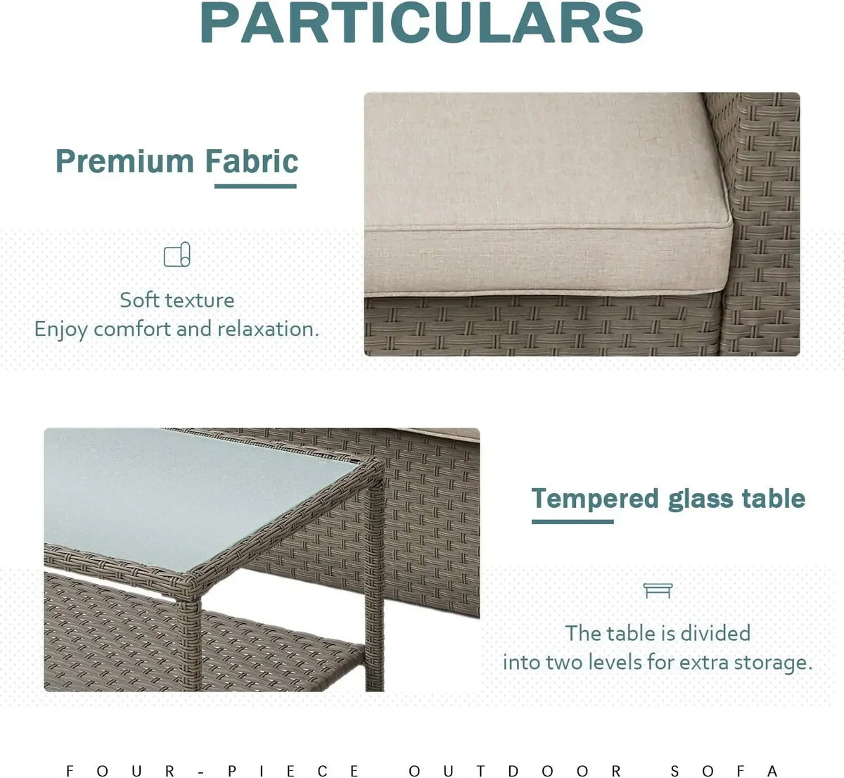 Outdoor Patio Furniture Conversation Set Rattan Wicker Chairs and Glass Top Table All-Weather and Thick Cushions