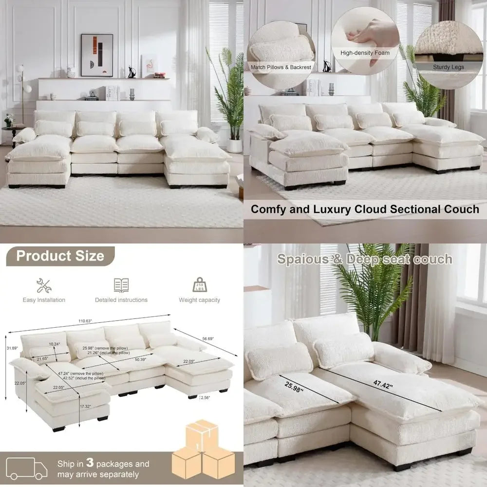"110 inch chenille fabric u-shaped sectional sofa with double chaise and sleeper for comfortable living room seating"