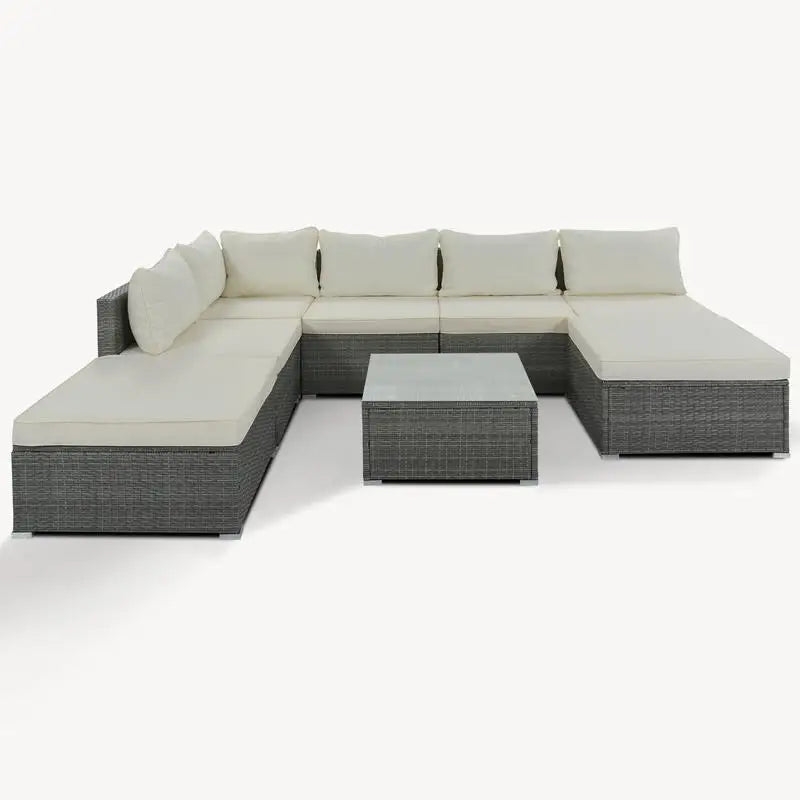 8-Piece Outdoor Patio Furniture Set, Garden Conversation Wicker Sofa, Combinable Single Sofas with Beige Cushions and Gray