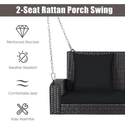 Outdoor Wicker Swing Bench for Two with Cushions, Durable Patio Hanging Rattan Seat, Comfortable Backyard Swing Chair