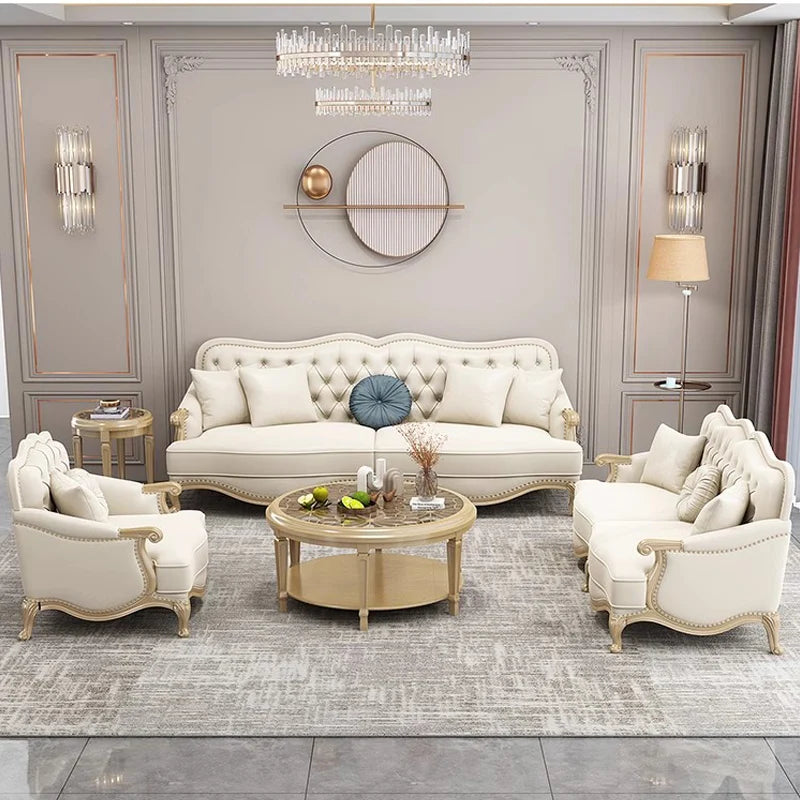Leather sofa combined living room size apartment Italian light luxury high-end luxury solid wood furniture