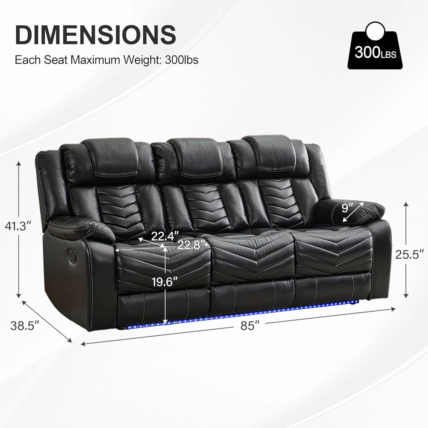 3 Seats Manual Reclining Sofa with Wireless Charger,LED Floor Lights, Drop-down Table, USB/Type-C Port (M073)