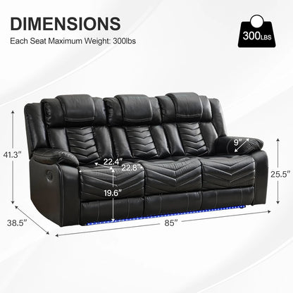 3 Seats Manual Reclining Sofa with Wireless Charger,LED Floor Lights, Drop-down Table, USB/Type-C Port (M073)
