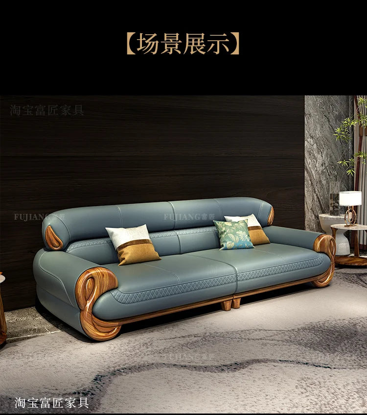 Ebony leather sofa living room new Chinese villa modern light luxury high-end sofa combination