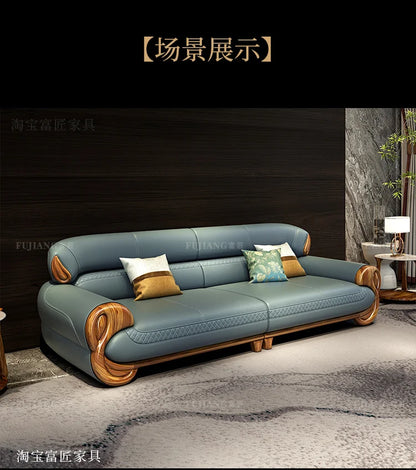 Ebony leather sofa living room new Chinese villa modern light luxury high-end sofa combination