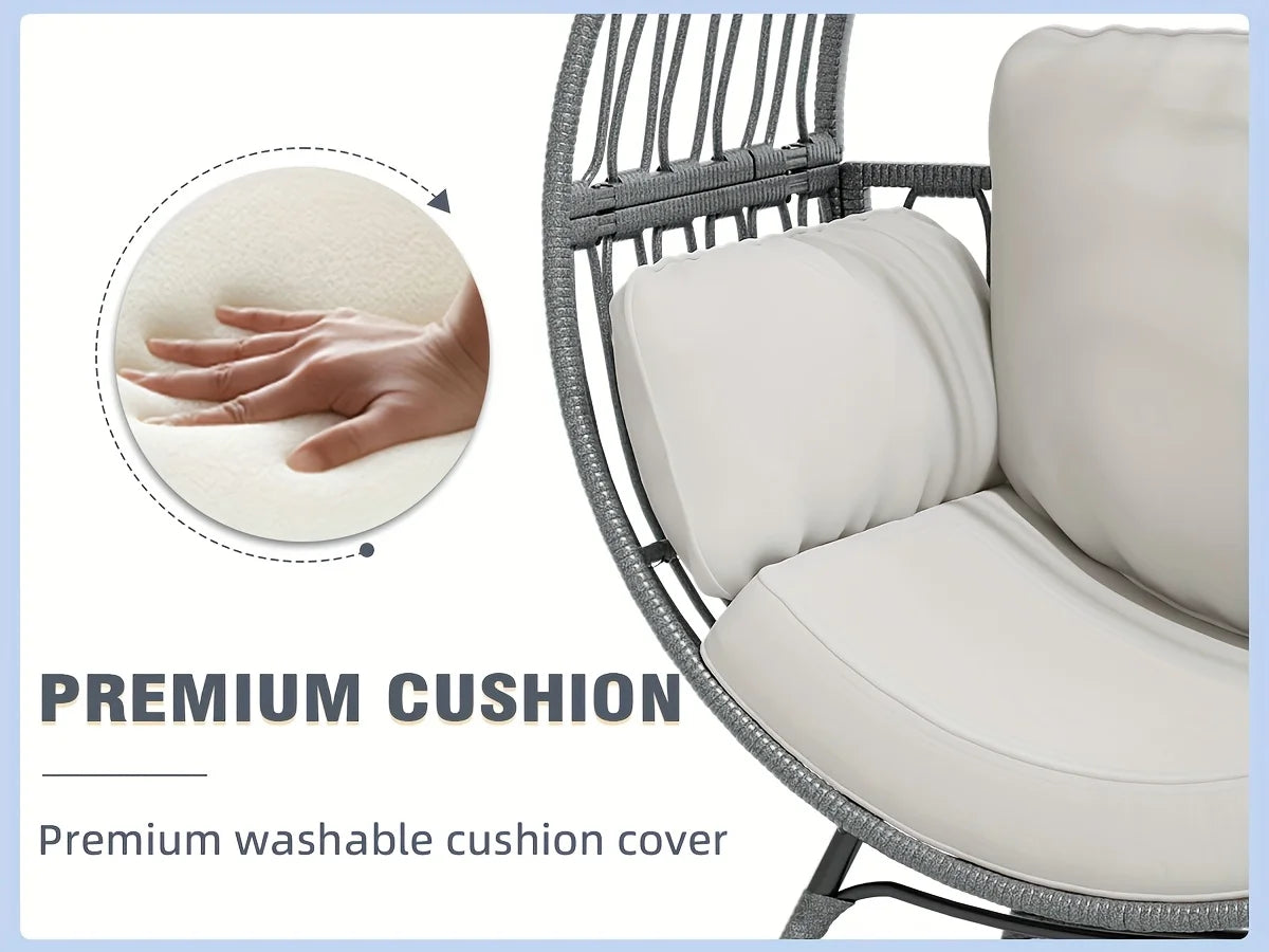 Wicker Round Egg Chair, Oversized Outdoor Lounger For Patio, W/ 4 Cushions, Steel Frame, 330lbs, Rattan Moon Chair