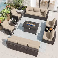 13-Piece Patio Furniture Set with 2 Swivel Chairs Gas Fire Pit Patio Conversation Set with 10 Cushions Outdoor Furniture Set