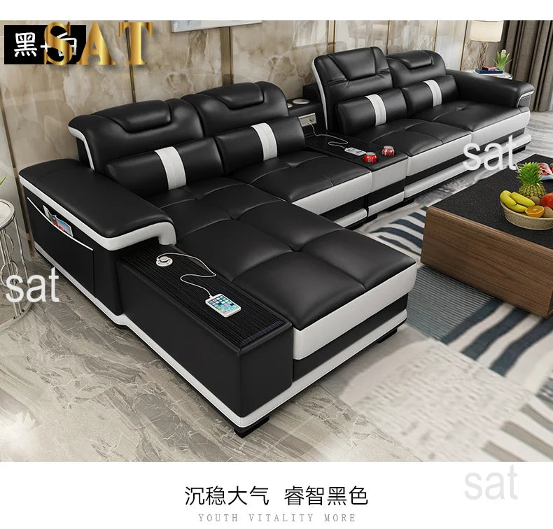 for Modern Living Room Sofas L Shape Corner Italian Genuine Leather Couch with Speake,Radio,USB, Bluetooth, Cup Holder