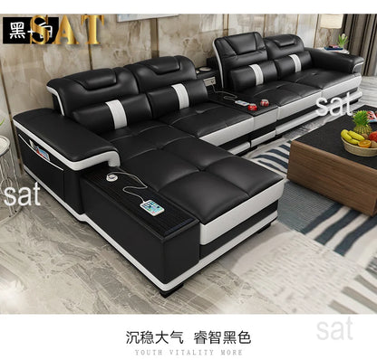 for Modern Living Room Sofas L Shape Corner Italian Genuine Leather Couch with Speake,Radio,USB, Bluetooth, Cup Holder