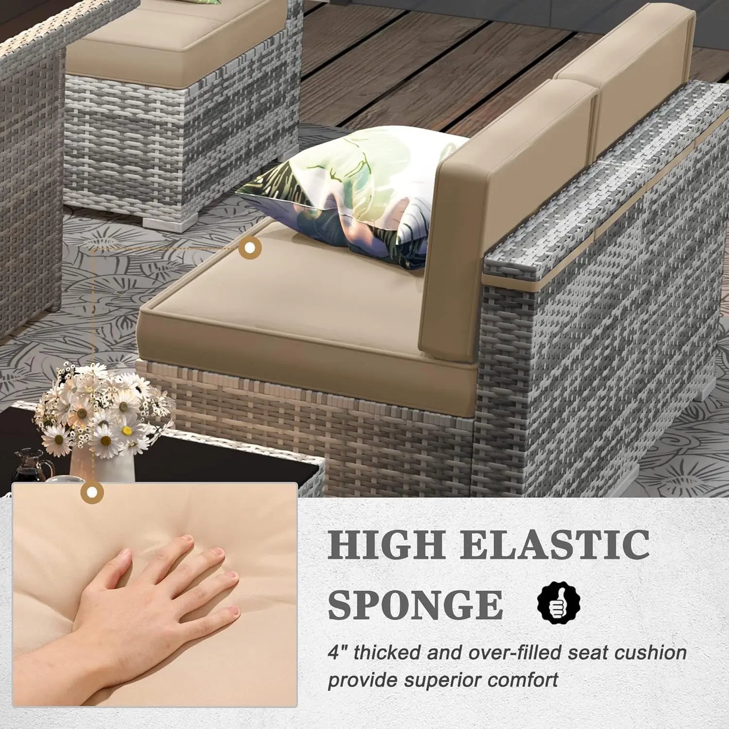 8 Pieces Patio Furniture Set with 44"  Fire Pit Table, Outdoor Sectional Wicker Conversation Sofa Sets with Coffee Table