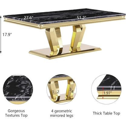 Gold Coffee Table, Modern Coffee Table with Four Geometric Mirror Bases, Rectangular Tea Table with Metal Frame, 48" Modern Cof