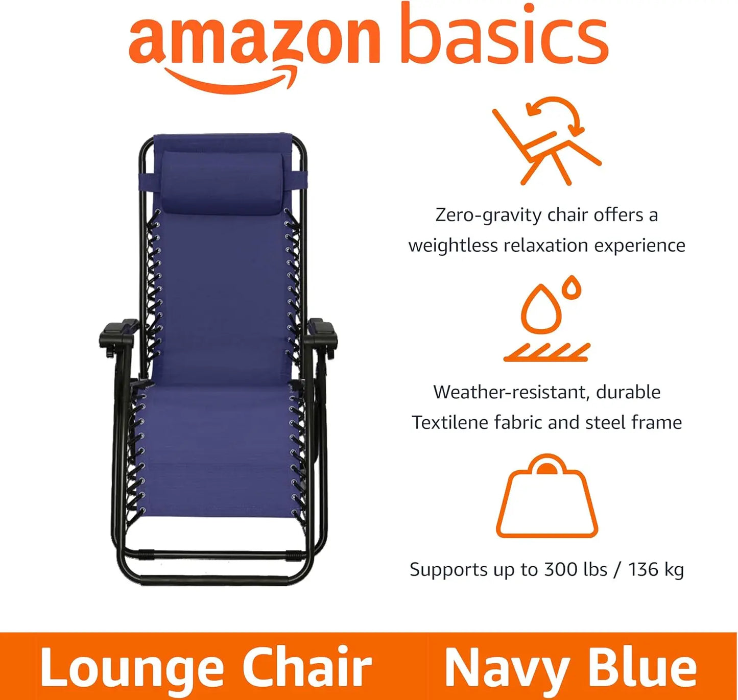 Outdoor Patio Zero Gravity Lounge Chair with Pillow, Folding Reclining Adjustable, Blue 26"