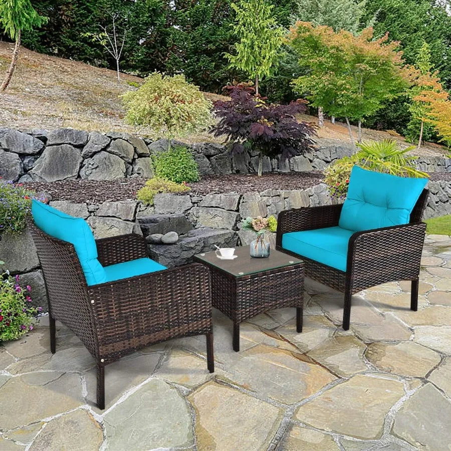 3PCS Patio Furniture Set Outdoor Wicker Cushioned Sofa Set with Coffee Table All Weather Rattan Conversation Set for Ga
