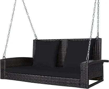 Outdoor Wicker Swing Bench for Two with Cushions, Durable Patio Hanging Rattan Seat, Comfortable Backyard Swing Chair