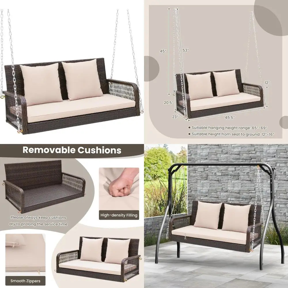 Outdoor Wicker Swing Bench with Cushions and Hanging Chains, 800 lbs Capacity, 2-Seater, Durable Porch Swing for Relaxation