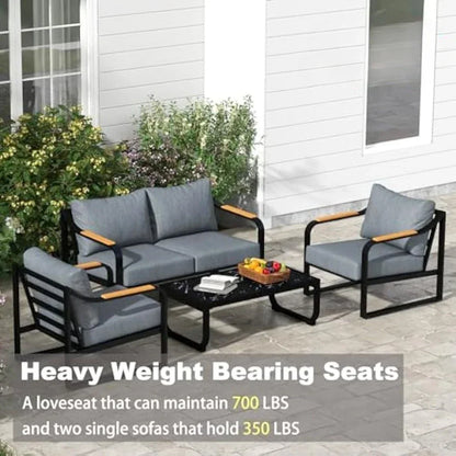 v Metal Patio Furniture Set, 4 Pieces Outdoor Conversation Set with Thick Cushion Modern Patio Chat Sofa Set for Balcony  rattan