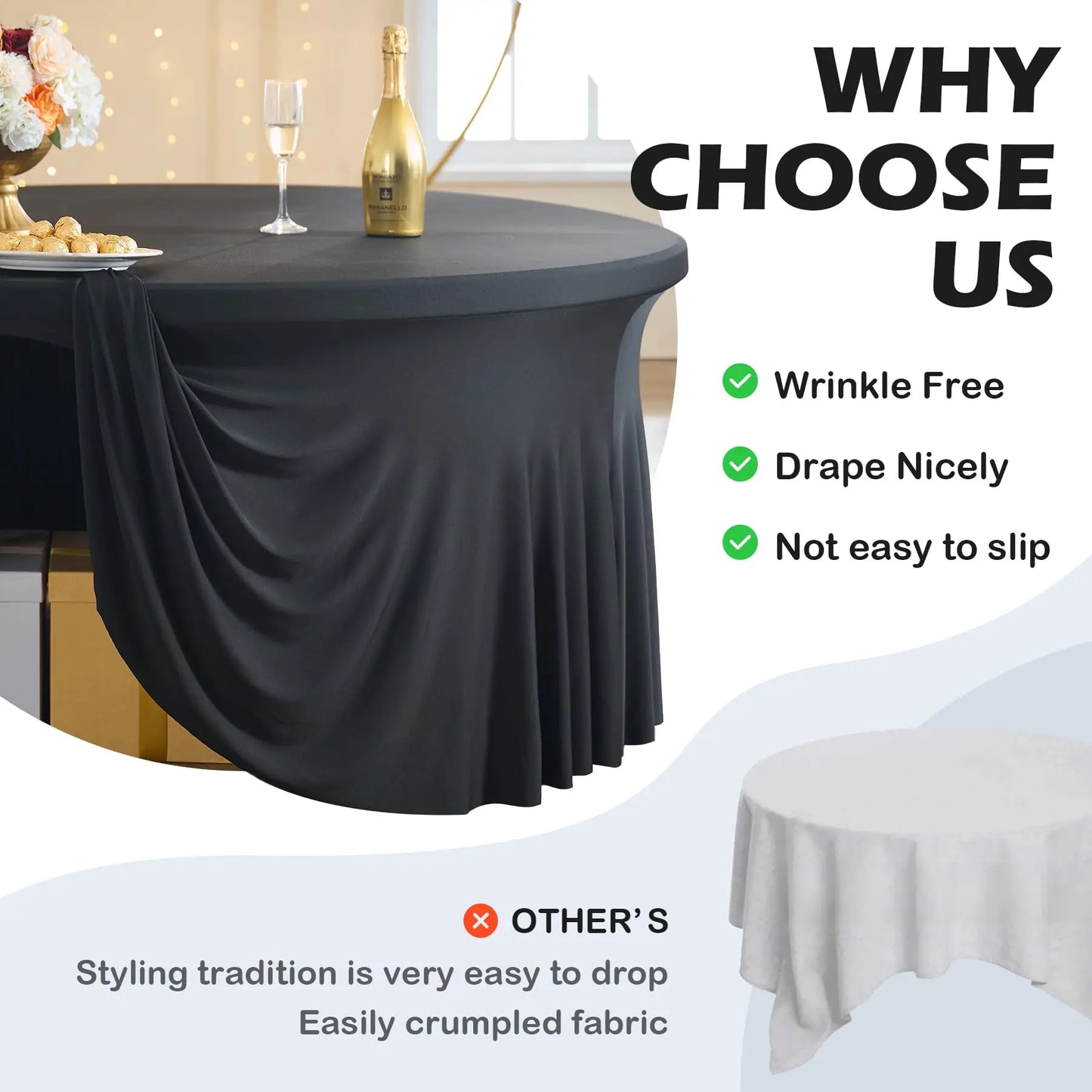 5ft 6ft Elastic Ruffled Round Spandex Table Cover,Stretch Skirt Table Cloth for Wedding Party Dinning Banquet Event Hotel