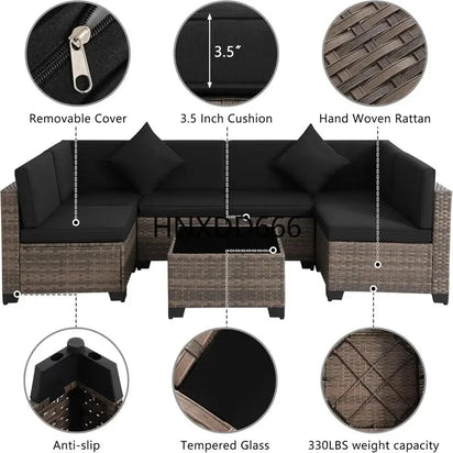 Brown Rattan Sectional Sofa Set with Cushions and Coffee Table for Outdoor Patio