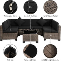 Brown Rattan Sectional Sofa Set with Cushions and Coffee Table for Outdoor Patio