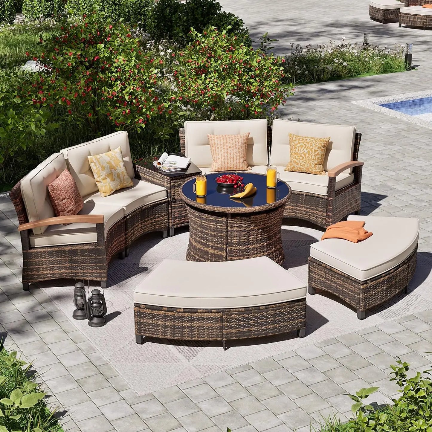 Half Moon Rattan Patio Conversation Set, Multi-Piece Outdoor Furniture
