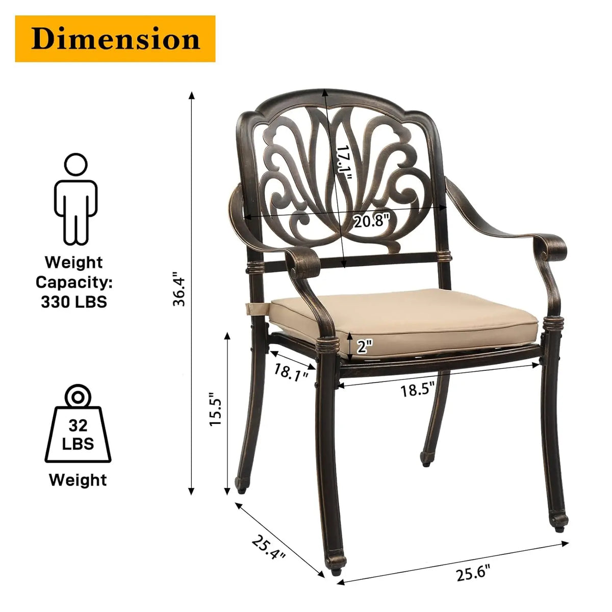 Cast Aluminum Patio Dining Chairs Set of 2 with Cushion Metal Armchairs for Poolside Backyard Balcony, Customized