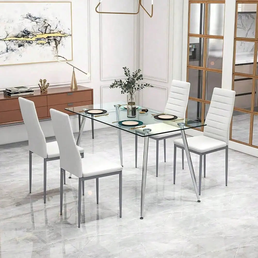 5 PCS 51'' Rectangle Dining Set 0.3'' Thick Glass Table w/ 4 Padded Dining