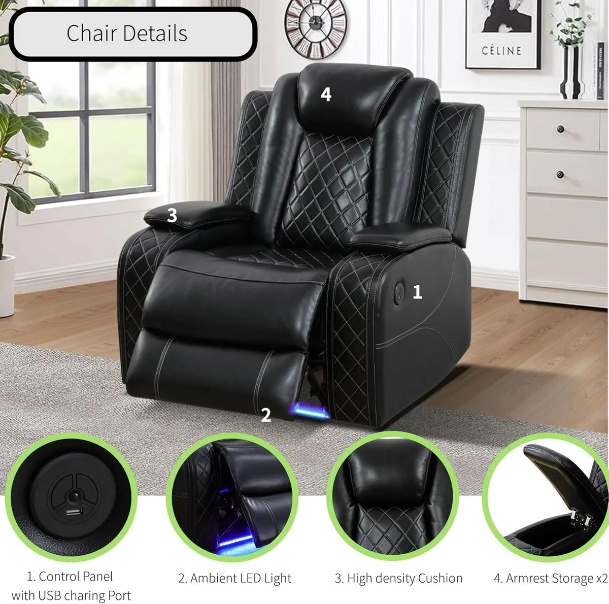 Power Recliner Sofa Sectional Sofa with LED Light for Living Room, Air Leather Reclining Corner Sectional Sofa Set