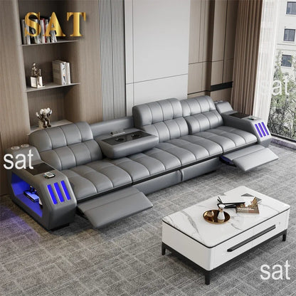-Popular New Products Massage Function Furniture Living Room Sofa 3 Set Leather Sectional L-shaped Princess Side Table Bluetooth