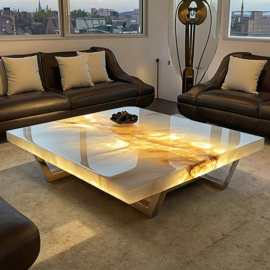 Square modern high-end coffee table expandable luminous jade natural marble living room home furniture
