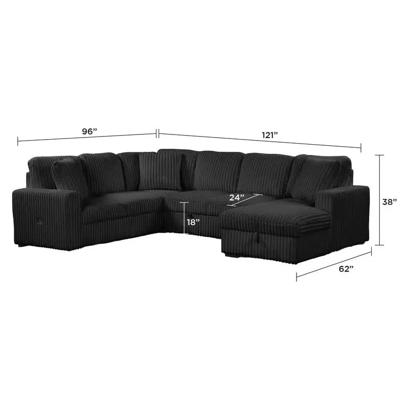 Modern Sectional Sofa with USB-C, Sleeper Function & Storage, Wood Frame in Black, Ideal for Living Room Use