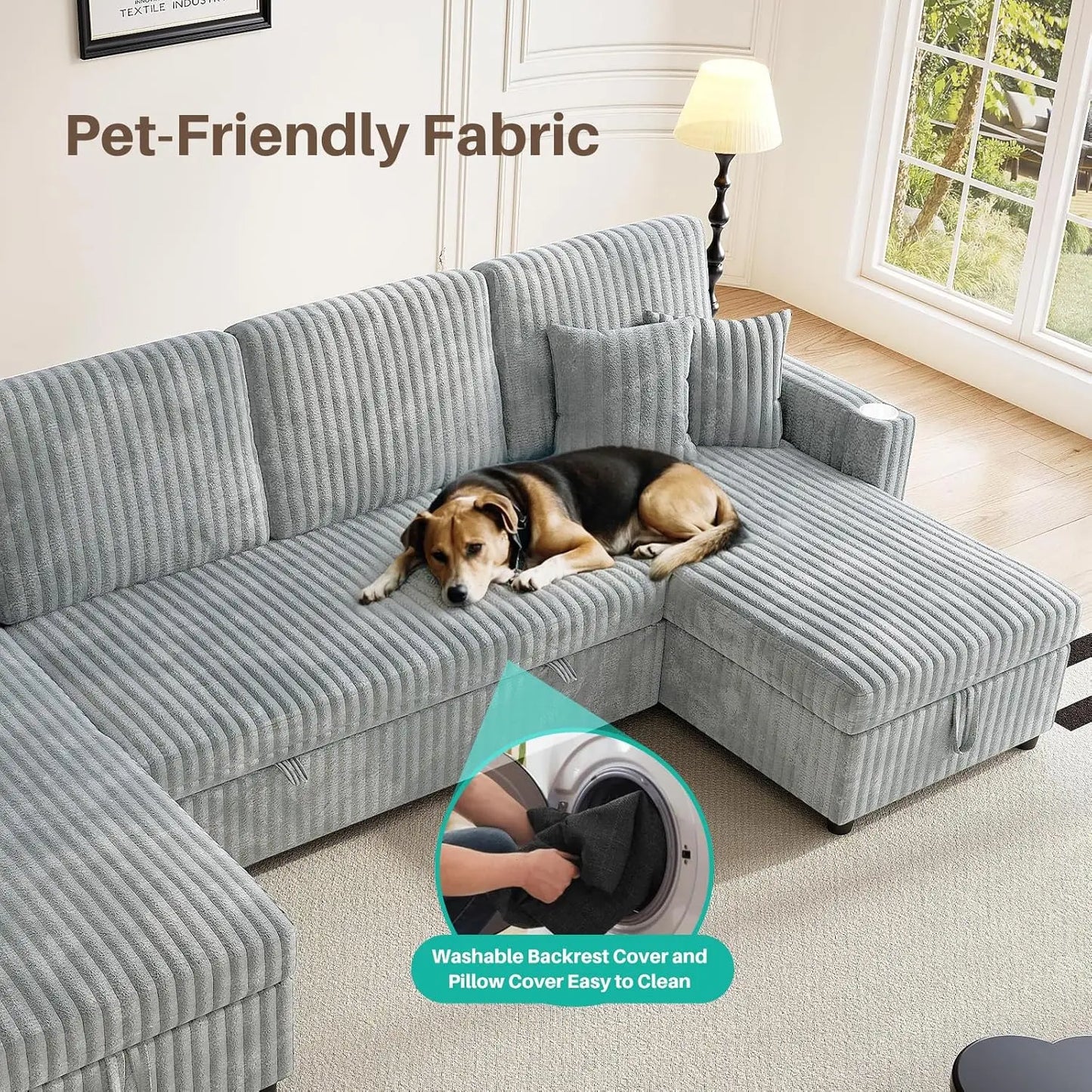 Sleeper Sectional Sofa, 110" Modern U Shaped Couch with Pull Out Bed, Convertible Corduroy Cloud Sofa with Double, Customized