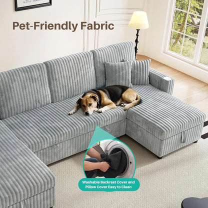 Sleeper Sectional Sofa, 110" Modern U Shaped Couch with Pull Out Bed, Convertible Corduroy Cloud Sofa with Double, Customized