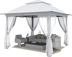 11'X11' Gazebo Pop Up with 4 Sidewalls Mosquito Netting, Heavy Duty Patio Gazebo Canopy Tent with Double Air Roofs for Backyards